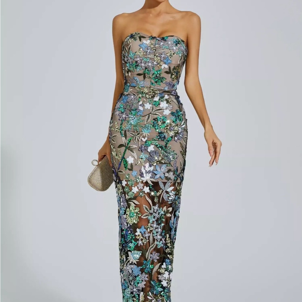 Strapless Floral Appliqué Midi Dress in Blue and Green; Sheer; Prom - Picture 5 of 8